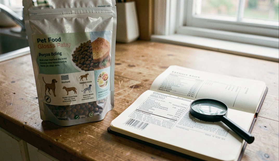 A pet food label glossary beside a notebook, measuring scoop and ceramic bowl on a kitchen table