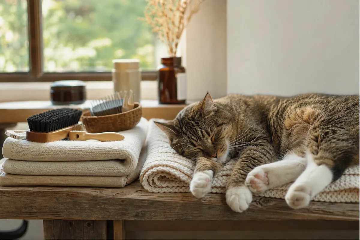 Serviettes crèmes pliées et brosses de toilettage près d'un chat endormi sur un banc