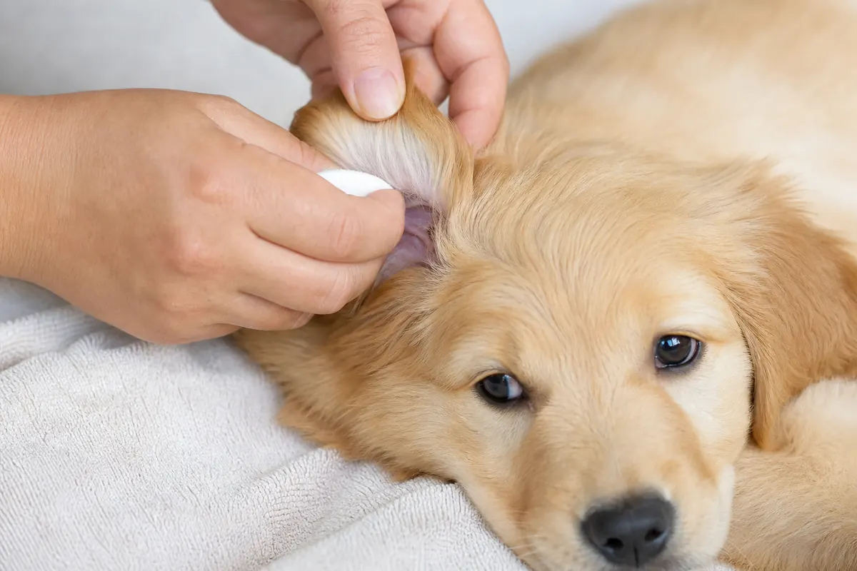 Nettoyage délicat de l'oreille d'un chiot golden retriever avec un coton doux