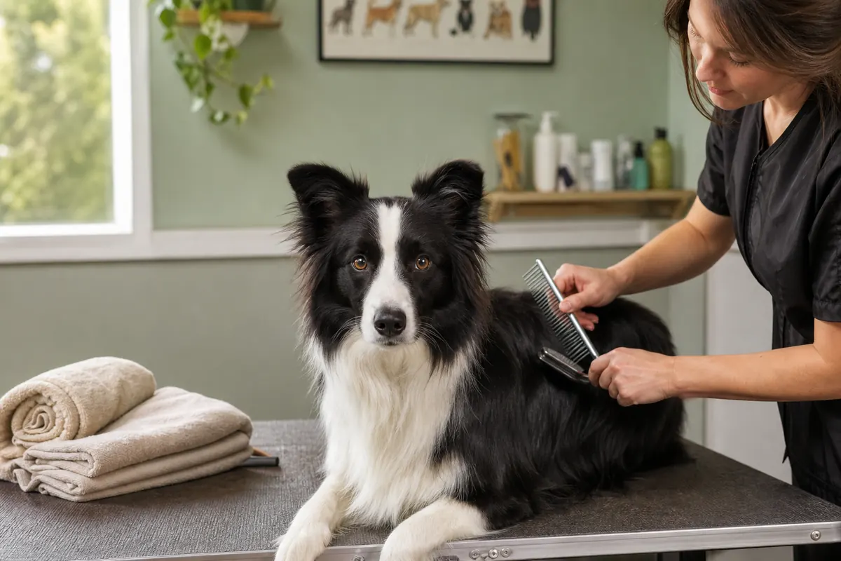 Toiletteur professionnel brossant le double pelage d'un border collie avec un peigne métallique